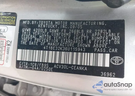 2006 Toyota Camry Le z USA, uszkodzony, nr VIN 4T1BE32K36U115943